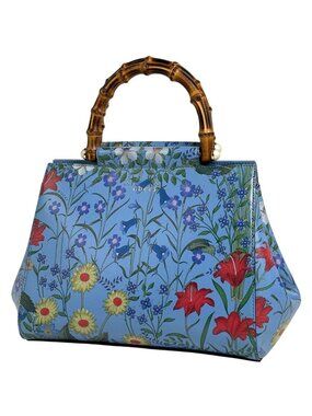 Gucci Nymfair Small New Flora Handbag 2-Way Bamboo Leather Blue